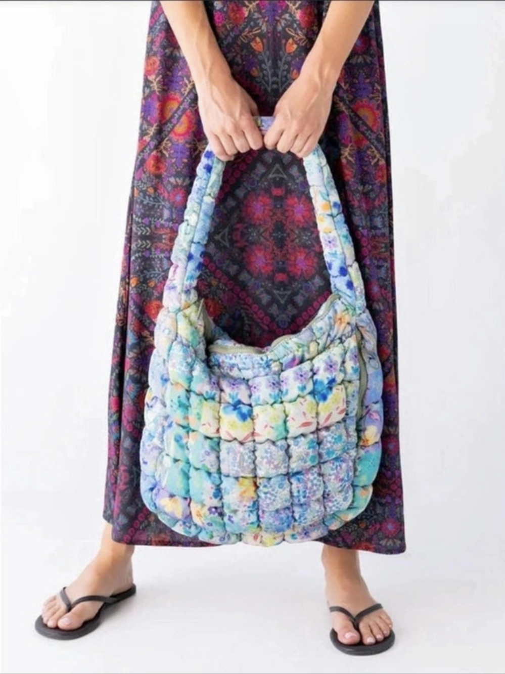 Natural Life Puffy Fit It All Bag | Quilted Floral Shoulder Bag in Blue